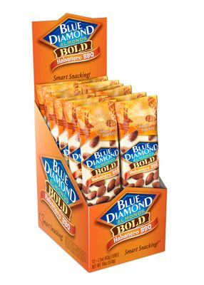 Blue Diamond Almonds, BOLD Flavored Habanero BBQ On-The-Go Snack Nuts Perfect for Road Trips, Lunches, Kids and Adults, 1.5 Single Serving Tubes, 12 Pack