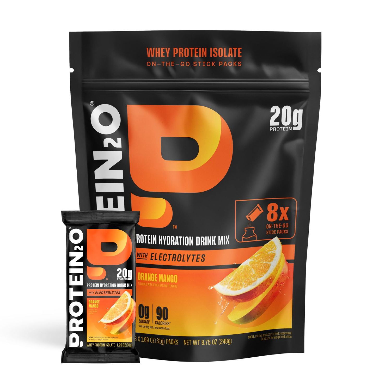 Protein2o 20g Whey Protein Isolate Clear Protein Powder, 370mg of Electrolytes, Vitamins B5 &amp; B6, Sugar Free, Orange Mango, 8-Pack