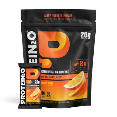 Protein2o 20g Whey Protein Isolate Clear Protein Powder, 370mg of Electrolytes, Vitamins B5 &amp; B6, Sugar Free, Orange Mango, 8-Pack