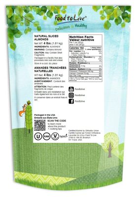 Food to Live California Natural Sliced Almonds, 4 Pounds - Raw Unblanched Almond Nuts, Kosher, Vegan, Keto, Bulk. High in Protein, Dietary Fiber, Vitamin E. Great for Desserts, Salads, Granola