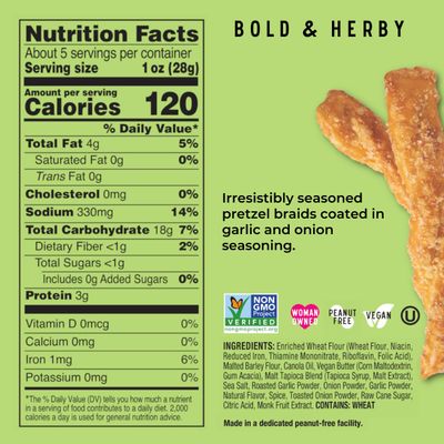 Stellar Pretzel Braids, Bold &amp; Herby Roasted Onion &amp; Garlic, 5 Oz (Pack of 6), Gourmet Pretzel Sticks, Vegan, Kosher, Non GMO, Peanut Free, Healthy Snack