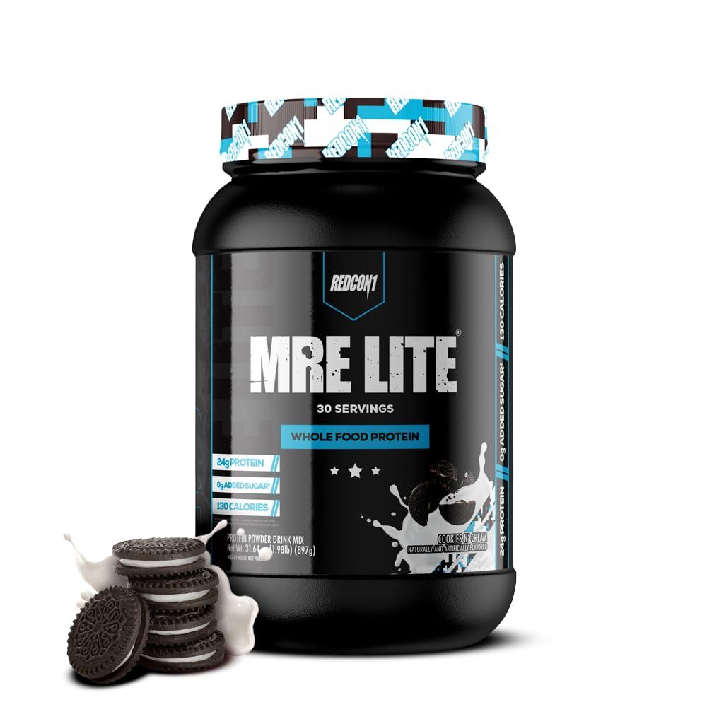 REDCON1 MRE Lite Whole Food Protein Powder, Cookies N&#39; Cream - Low Carb &amp; Whey Free Meal Replacement with Animal Protein Blends - Easy to Digest Supplement Made with MCT Oils (30 Servings)
