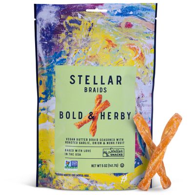 Stellar Pretzel Braids, Bold &amp; Herby Roasted Onion &amp; Garlic, 5 Oz (Pack of 6), Gourmet Pretzel Sticks, Vegan, Kosher, Non GMO, Peanut Free, Healthy Snack