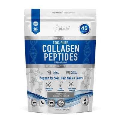 The Intelligent Health Hydrolyzed Collagen Peptides Powder, Grass Fed, High Protein, Unflavored, Gluten-Free, Paleo &amp; Keto Friendly, 10g per Serving (450g) Supports Skin, Hair, Nails, Joints, &amp; Bones