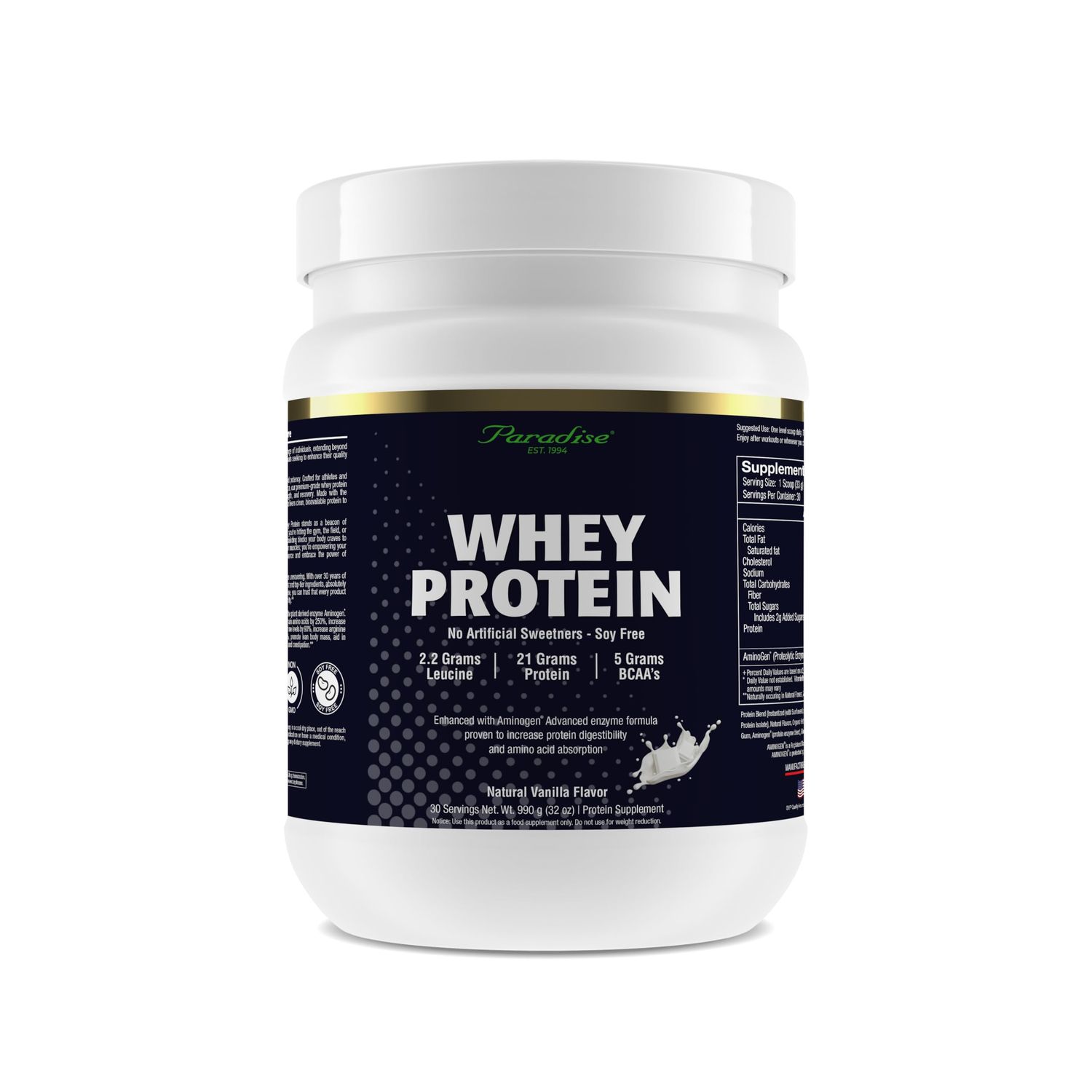 Paradise Herbs, 100% Whey Protein Powder, Vanilla, 21g Protein, 5.5 BCAA&#39;s, 2.2g L-Leucine, 210mg Aminogen, 30 Servings