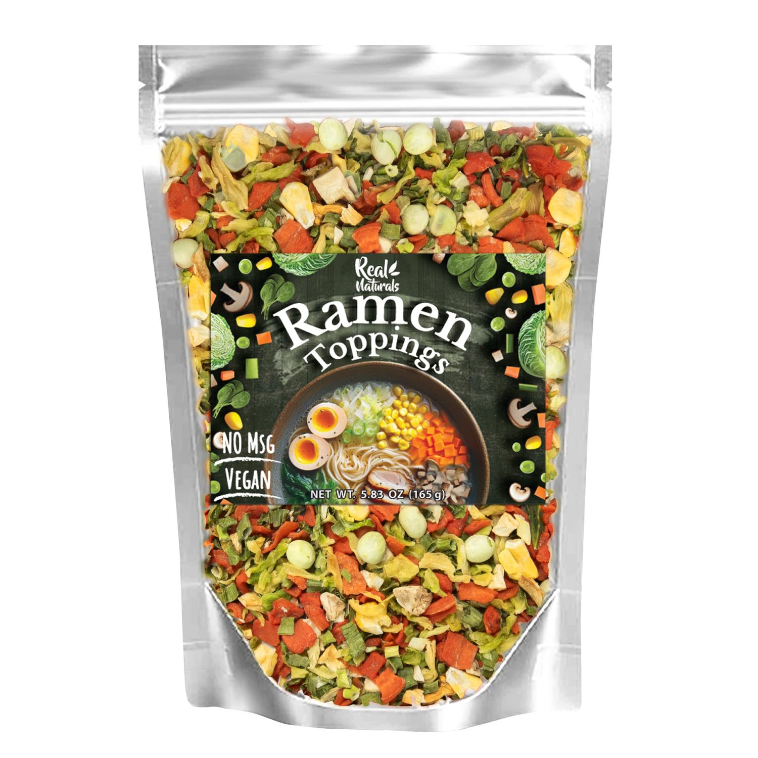 Dried ramen toppings. Dehydrated vegetables for ramen topper include Cabbage, Spinach, Chive, Carrot, Corn, Greepea &amp; Shitake mushrooms. (5.83oz mixed vegetables)