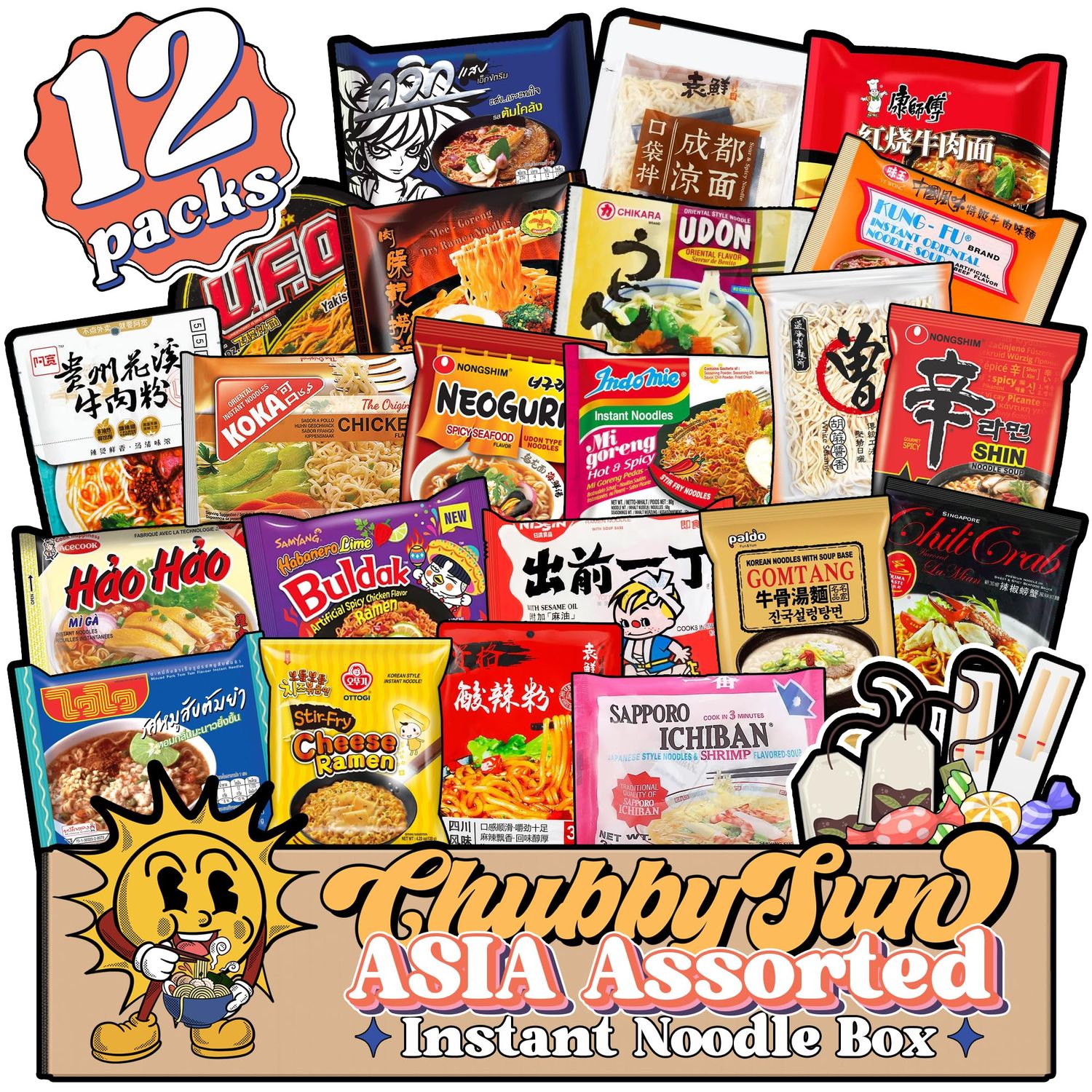 ChubbySun Asian Instant Noodle Ramen Spicy &amp; Non-Spicy Variety Box Bundle Combo Pack- 12 Different Flavors Assorted Pack  Asian Snacks &amp; Tea Bag Sampler Gift  2 Recyclable Chopsticks, korean