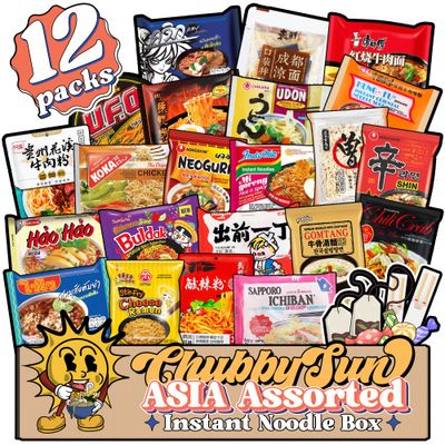 ChubbySun Asian Instant Noodle Ramen Spicy &amp; Non-Spicy Variety Box Bundle Combo Pack- 12 Different Flavors Assorted Pack  Asian Snacks &amp; Tea Bag Sampler Gift  2 Recyclable Chopsticks, korean