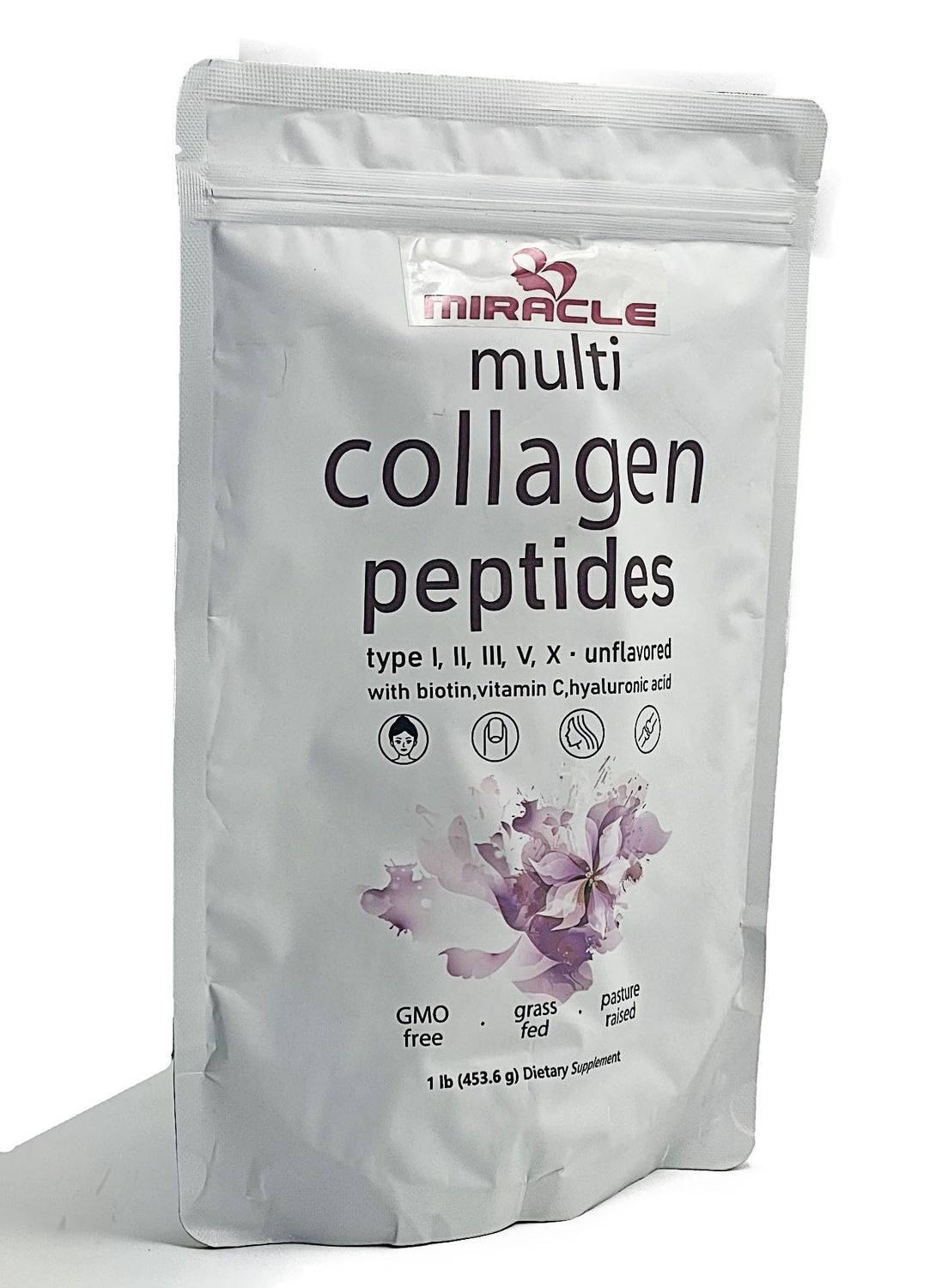 Miracle Multi Collagen Protein Powder, 1 Pound - Types I, II, III, V, X with Biotin, Hyaluronic Acid, Vitamin C - Unflavored Collagen Peptides - Keto &amp; Paleo