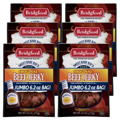 Bridgford Sweet Baby Rays Beef Jerky Original 6.2 oz Pack of 6 - Healthy High Protein Beef Jerky for Your Dietary Preferences - Ready-to-Eat Snacks for On-the-Go Snacking and Busy Lifestyles