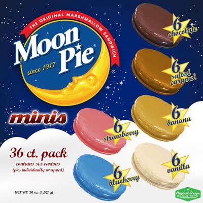 Moon Pie Minis. Variety Bundle 36 Pack. Six of each: Once in a Blue Moon Blueberry, Original, Vanilla, Banana, Strawberry, Salted Caramel. Classic Moonpie Mini. Since 1917.