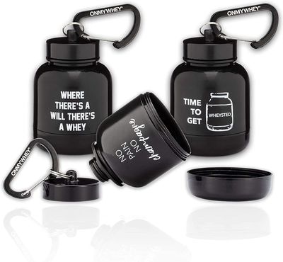 OnMyWhey - Protein Powder and Supplement Funnel Keychain, Portable to-Go Container for The Gym, Workouts, Fitness, and Travel - TSA Approved, Punny Variety 3-Pack