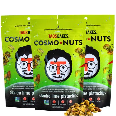 Taos Bakes - Flavored Nuts - Cilantro Lime Pistachios - Spicy, Tangy, &amp; Delicious - w/Pumpkin Seeds. Healthy Snacks for Adults - Great Trail Mix or Protein Snack - Gluten Free - 4oz (Pack of 3