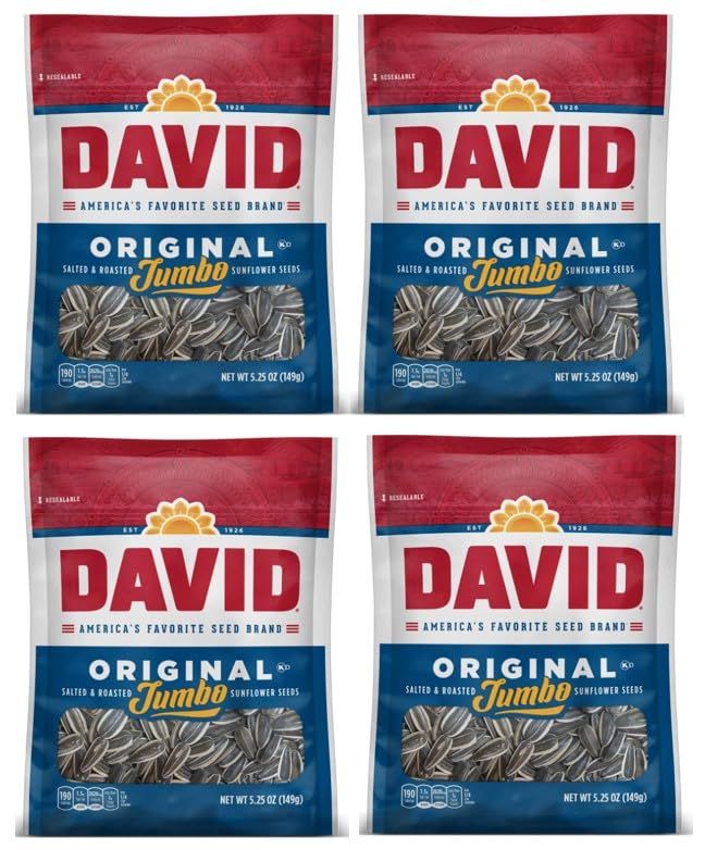 David&#39;s Salted &amp; Roasted Sunflower Seeds, (Pack of 4) 5.25 oz Bags (Jumbo Original)