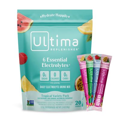 Ultima Replenisher Daily Electrolyte Powder Drink Mix - Tropical Variety, 20 Stickpacks - Hydration Packets with 6 Electrolytes and Minerals - Keto Friendly, Non-GMO and Sugar-Free