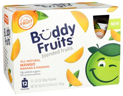 Buddy Fruits Pure Blended Fruit Snack To Go Apple, Mango, Banana and Passion Fruit Applesauce 3.2oz (Pack of 12)  100% Real Fruit  No Sugar, Non GMO, Vegan, No Preservatives, Certified Kosher