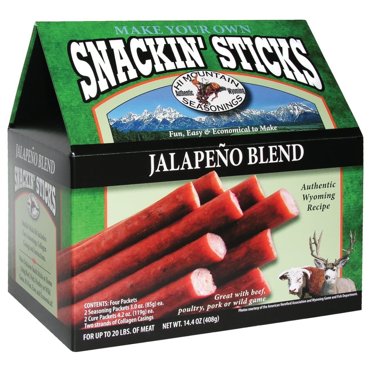 Hi Mountain Seasonings  Snack Stick Seasoning Kit  JALAPENO BLEND  Includes Seasoning, Cure, Casings, &amp; Directions  Seasons up to 20lbs of Meat  Beef, Pork, Venison, Deer, &amp; Wild Game