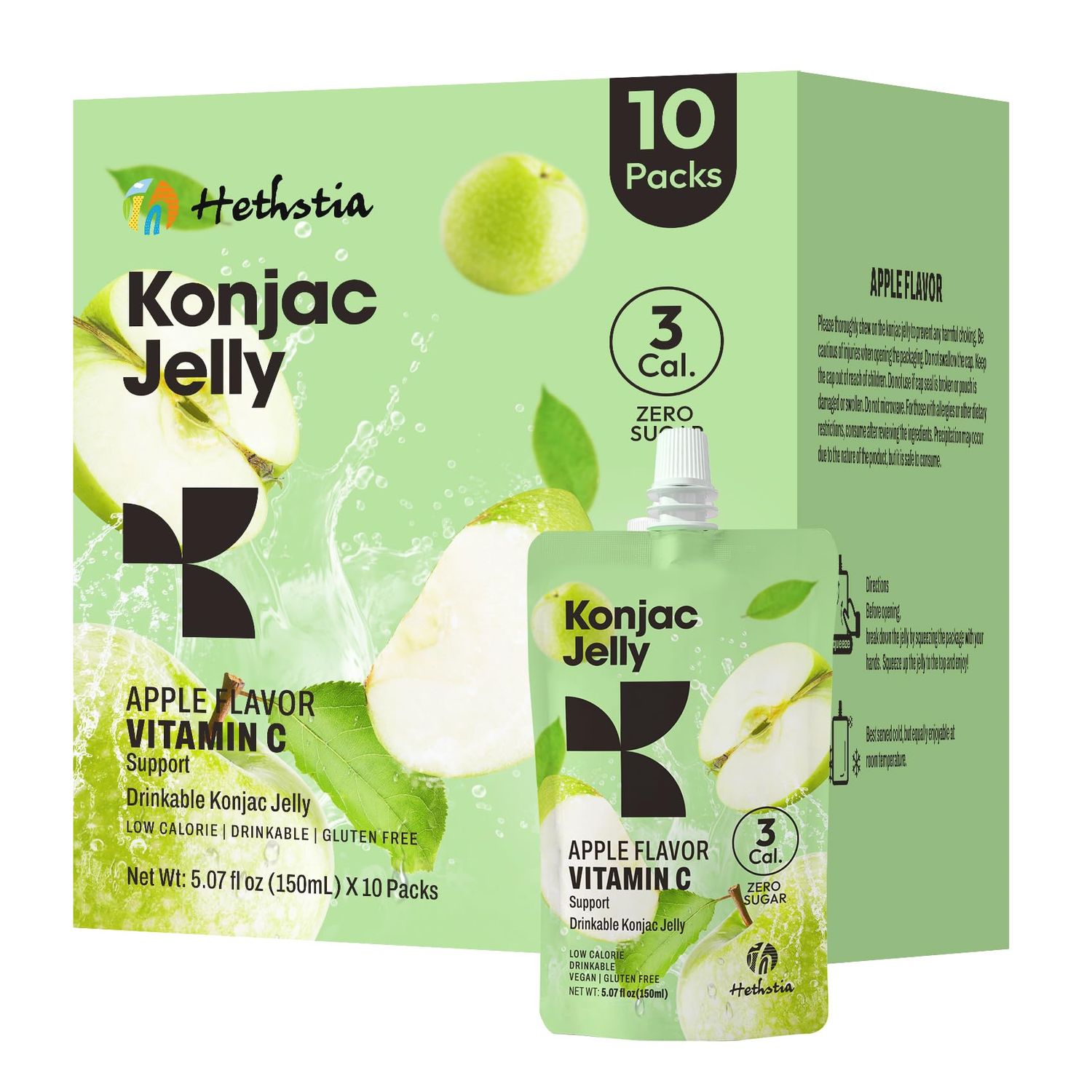 Hethstia Konjac Jelly Apple Flavor - 10 Packs Drinkable Fruit Jelly Squeeze Pouches, 3 Kcal, 0 Sugar, Keto, Vegan, Gluten-Free, Healthy Snacks, Vitamin C, Healthy Food Gift