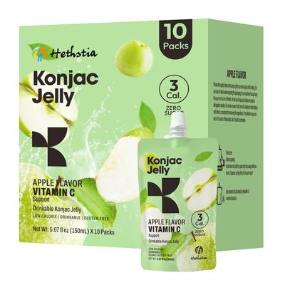 Hethstia Konjac Jelly Apple Flavor - 10 Packs Drinkable Fruit Jelly Squeeze Pouches, 3 Kcal, 0 Sugar, Keto, Vegan, Gluten-Free, Healthy Snacks, Vitamin C, Healthy Food Gift