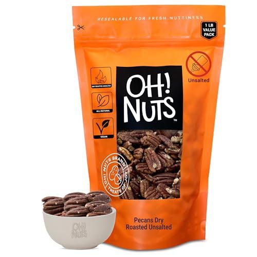 Oh! Nuts Pecans Dry Roasted Unsalted - Kosher, Oil-Free, All Natural Pecans - For Baking, Snacks, Salad, Dressing - Packed in 1 LB Resealable Bulk Bag
