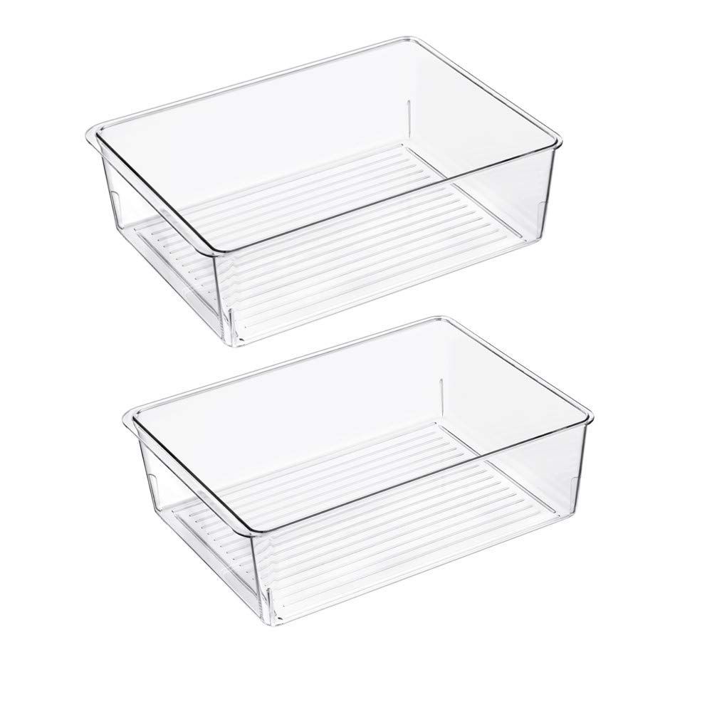 Slideep Kitchen Freezer Food Storage Bin, Plastic Refrigerator Organizer Fridge Storage Containers for Fruit, Yogurt, Snacks, Pasta 11&#39;&#39; 2 Pack