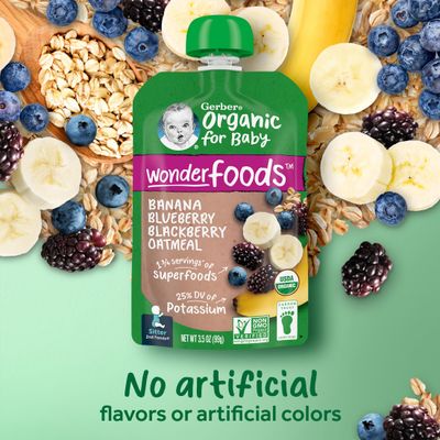 Gerber Organic Baby Food Pouches, 2nd Foods for Sitter, WonderFoods, Banana Blueberry Blackberry Oatmeal, 3.5 Ounce (Pack of 12)