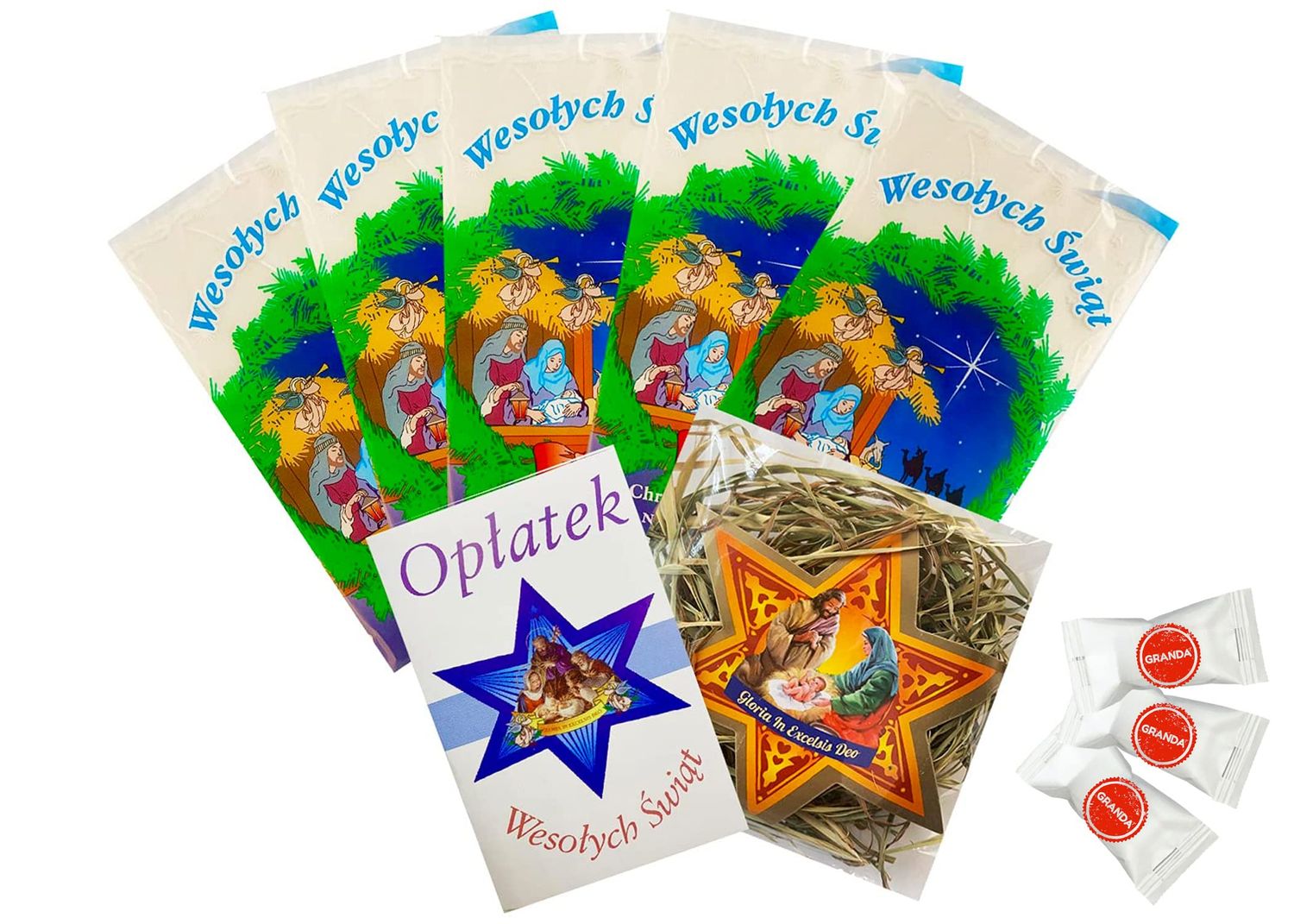 TRADITIONAL POLISH CHRISTMAS WAFERS and HAY (OPLATKI, SIANKO). Set of 26 (10 large &amp; 16 small). Product of Poland. By GRANDA.