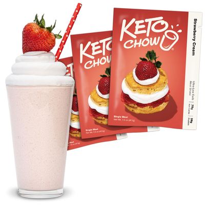 Keto Chow Strawberry Cream - Keto Meal Replacement Shake Powder - Nutritionally Complete - Low Carb - Delicious Easy Meal Substitute - Protein Rich You Choose The Fat - Single Meal - 3 Pack