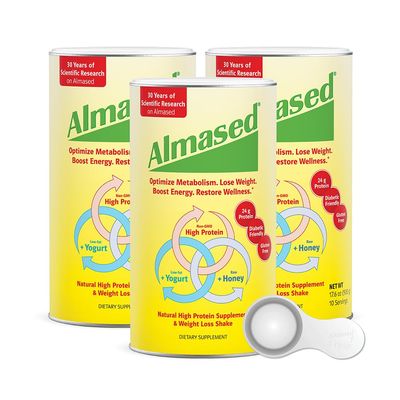 Almased Protein Powder for Weight Loss Kit for Men &amp; Women, Natural Meal Replacement Shake for Weight Loss, Supplement, 27 Grams of Protein Per Serving (Original Flavor, 3 Cans @ 17.6 oz ea  Scoop)