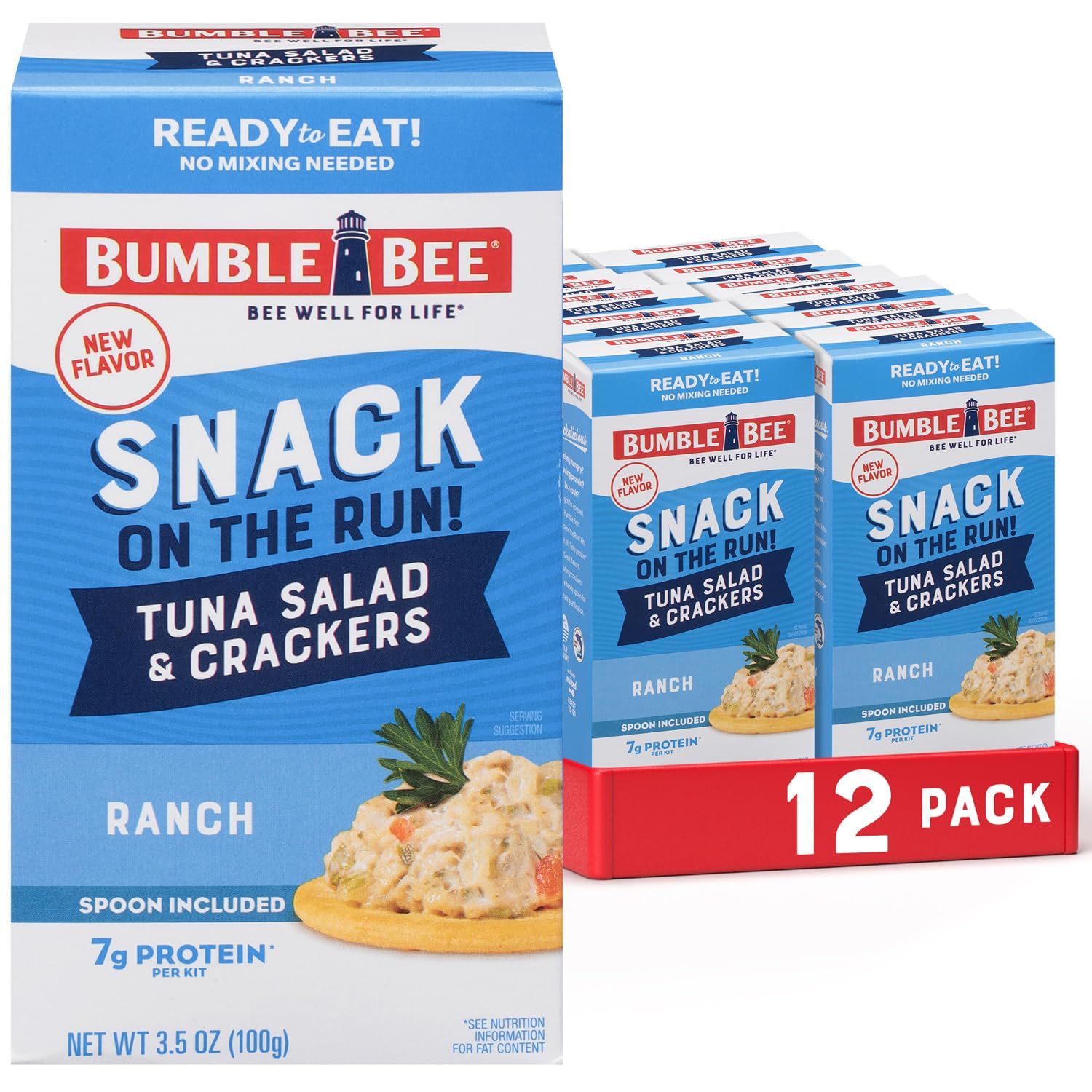 Bumble Bee Snack on the Run- Ranch Tuna Salad with Crackers Kit, 3.5oz Kit- 12 Pack, Ready to Eat Spoon Included, Wild Caught Tuna Shelf Stable &amp; Convenient Protein Snack
