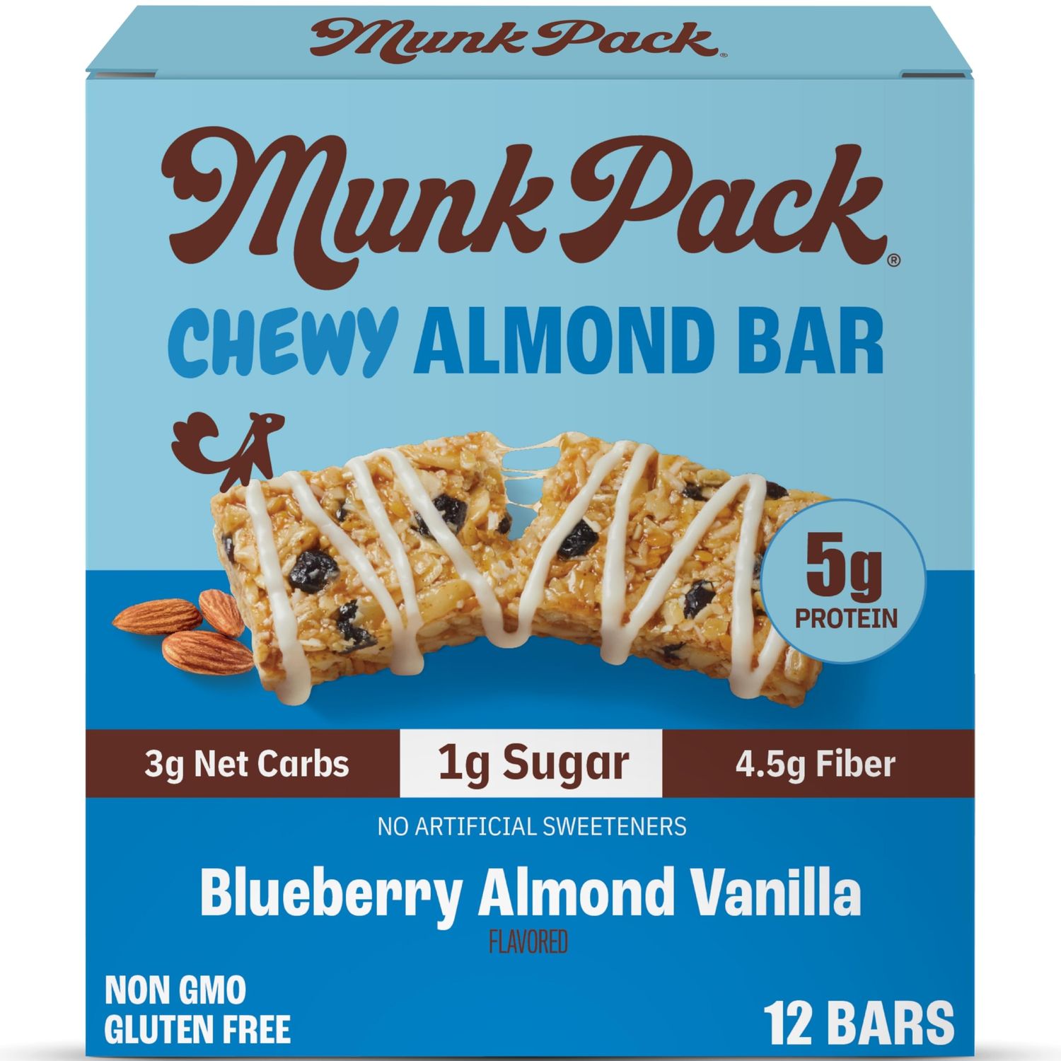 Munk Pack Chewy Granola Bars - 5g Protein, 1g Sugar with Allulose, 2g Net Carbs, Low Sugar, Gluten Free and Low Glycemic Snacks With Blueberry Almond Vanilla - 12 Pack