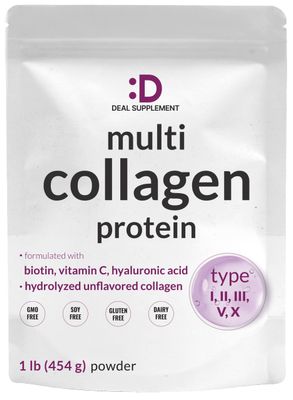 Multi Collagen Protein Powder,1Lb - Type I, II, III, V, X Collagen Peptides with Biotin 10000mcg, Vitamin C &amp; Hyaluronic Acid - Unflavored - Keto &amp; Paleo Friendly, Great for Hair, Skin, Nails &amp; Joints