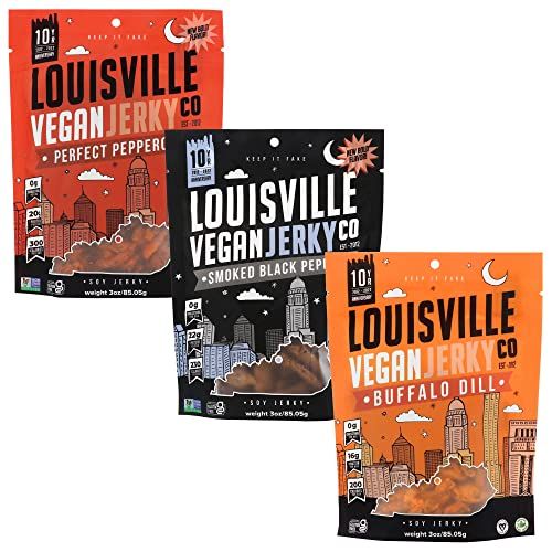 Louisville Vegan Jerky - Variety Pack, Vegetarian &amp; Vegan-Friendly Jerky, 18-21 Grams of Protein, Includes Smoked Black Pepper, Perfect Pepperoni, &amp; Buffalo Dill (3 oz, 3-Pack)