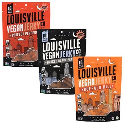 Louisville Vegan Jerky - Variety Pack, Vegetarian &amp; Vegan-Friendly Jerky, 18-21 Grams of Protein, Includes Smoked Black Pepper, Perfect Pepperoni, &amp; Buffalo Dill (3 oz, 3-Pack)