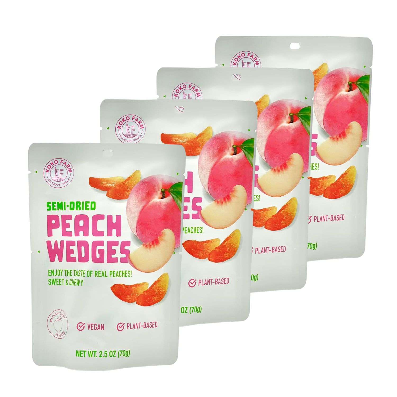 KOKO FARM Semi-Dried Peach Wedges Snack, 2.5 Ounce Bag (Pack of 4), Sweet, Chewy, Vegan, Plant-Based Snack