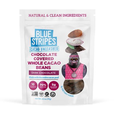 Blue Stripes Dark Chocolate Covered Whole Cacao Beans, 4 OZ