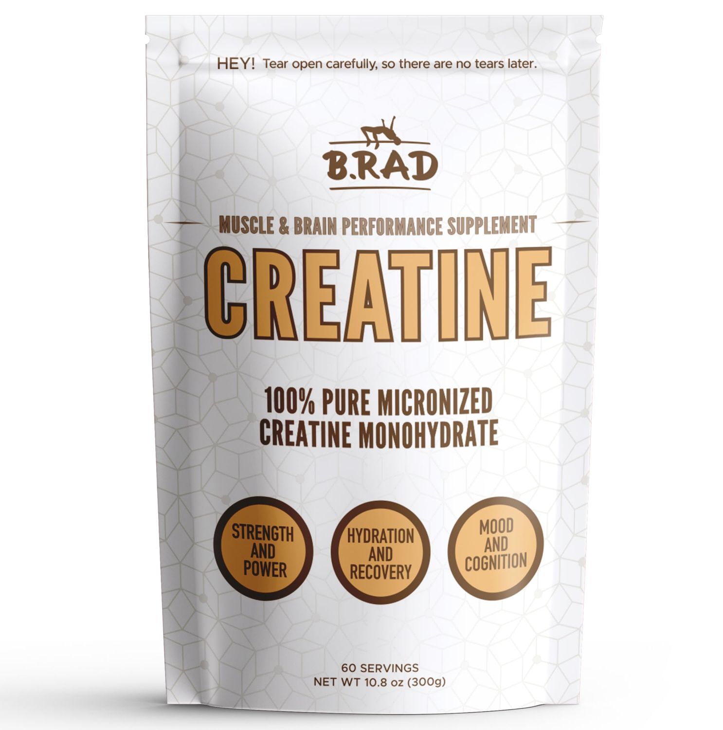 B.rad 100% Pure Micronized Creatine Monohydrate Powder  Natural, No Additives  Boosts Muscle Strength, Recovery &amp; Performance  Supports Brain Health  300g, 60 Servings