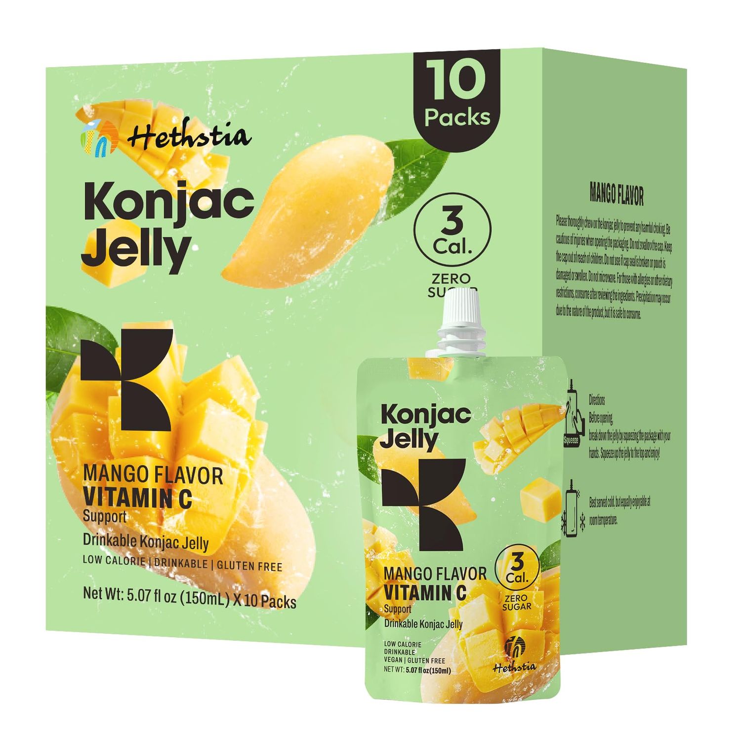Hethstia Konjac Jelly Mango Flavor - 10 Pack Drinkable Mango Jelly Squeeze Pouches, 3 Calories, Vitamin C, 0 Sugar, Keto, Vegan, Gluten-Free, Healthy Snacks, Perfect Food Gift