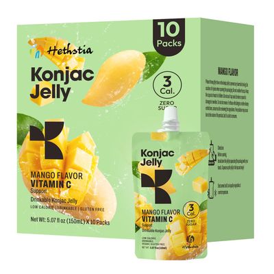 Hethstia Konjac Jelly Mango Flavor - 10 Pack Drinkable Mango Jelly Squeeze Pouches, 3 Calories, Vitamin C, 0 Sugar, Keto, Vegan, Gluten-Free, Healthy Snacks, Perfect Food Gift