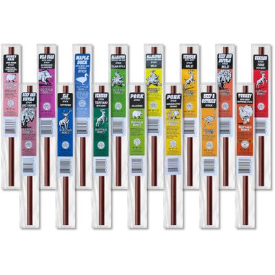 Buffalo Bob&#39;s 15 Piece Exotic Game Snack Sticks  California Legal  Alligator Antelope Elk Buffalo Duck Ostrich Turkey Venison Wild Boar Gift Pack