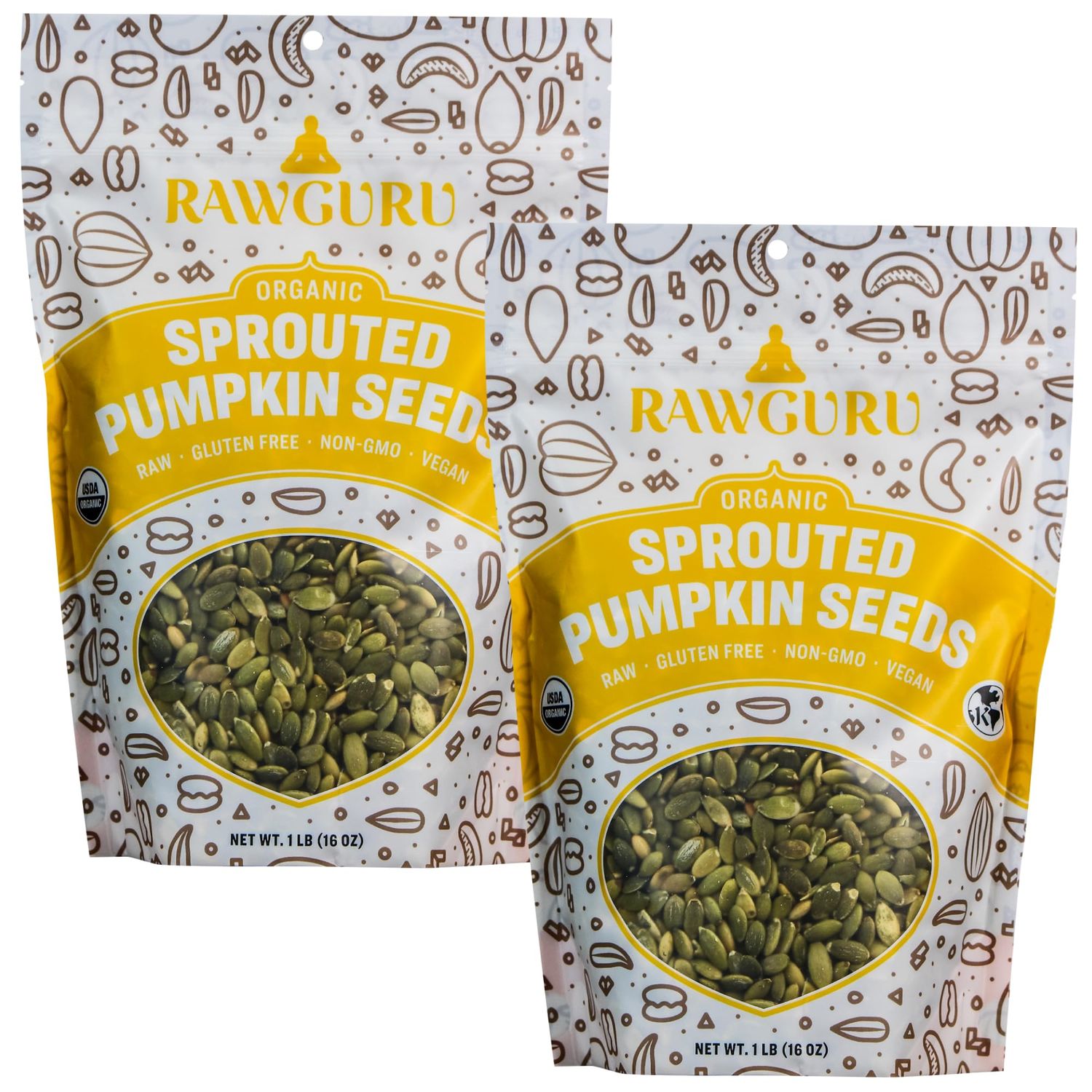 RawGuru Unsalted Pumpkin Seeds, Sprouted &amp; Organic, Raw  Keto  Vegan  Kosher  Paleo  Gluten Free Snacks  Superfood, 16 oz. Pack of 2