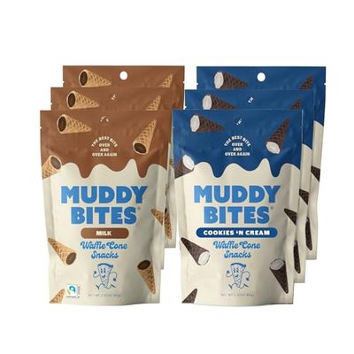 Muddy Bites Waffle Cone Snacks Bite Sized Filled Cone Bites for Snack or Dessert, Milk &amp; Cookies &#39;N Cream, Made with Cane Sugar, Kosher, Fair Trade Certified (Variety Pack, 6 Bags)