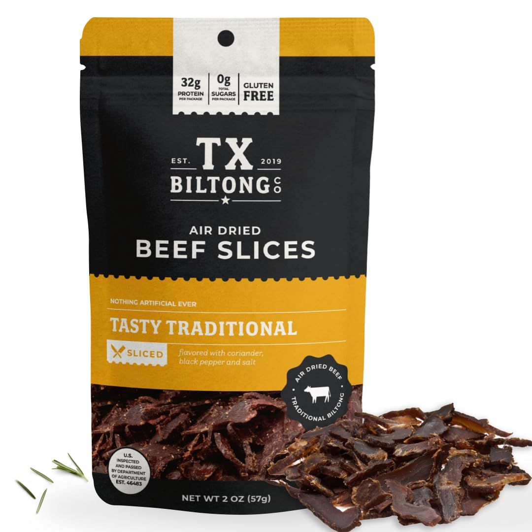 TX Biltong Beef Jerky Snack - 2oz Traditional Flavor &amp; Air Dried Biltong - Keto &amp; Paleo-Friendly High Protein Snacks - Gluten &amp; Sugar Free, No MSG, No Preservatives USDA-Selected Beef