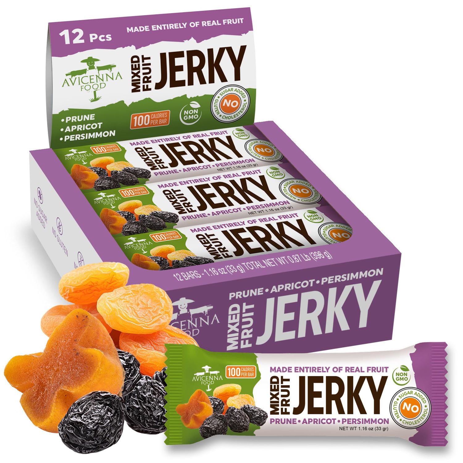AVICENNA FOOD Prune, Persimmon and Apricot Natural Fruit Bar, No Added Sugar, Gluten Free, Non GMO, High Fiber Healthy Snacks for Adults and Kids, dried Fruit Jerky (12 Pack)