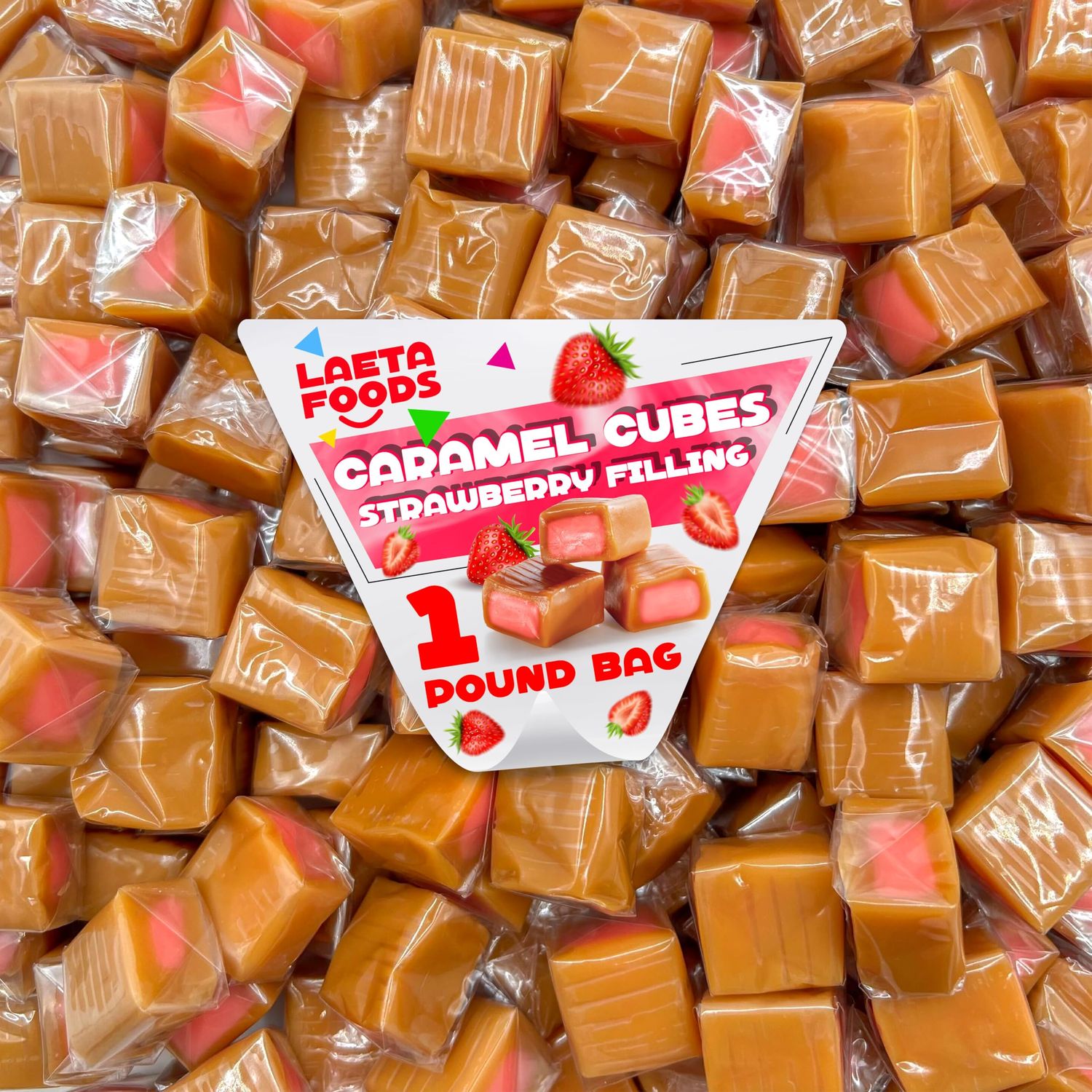 Caramel Cubes Candy (1 Pound Bag) Strawberry Filling, Individually Wrapped (Approx. 75 Count)