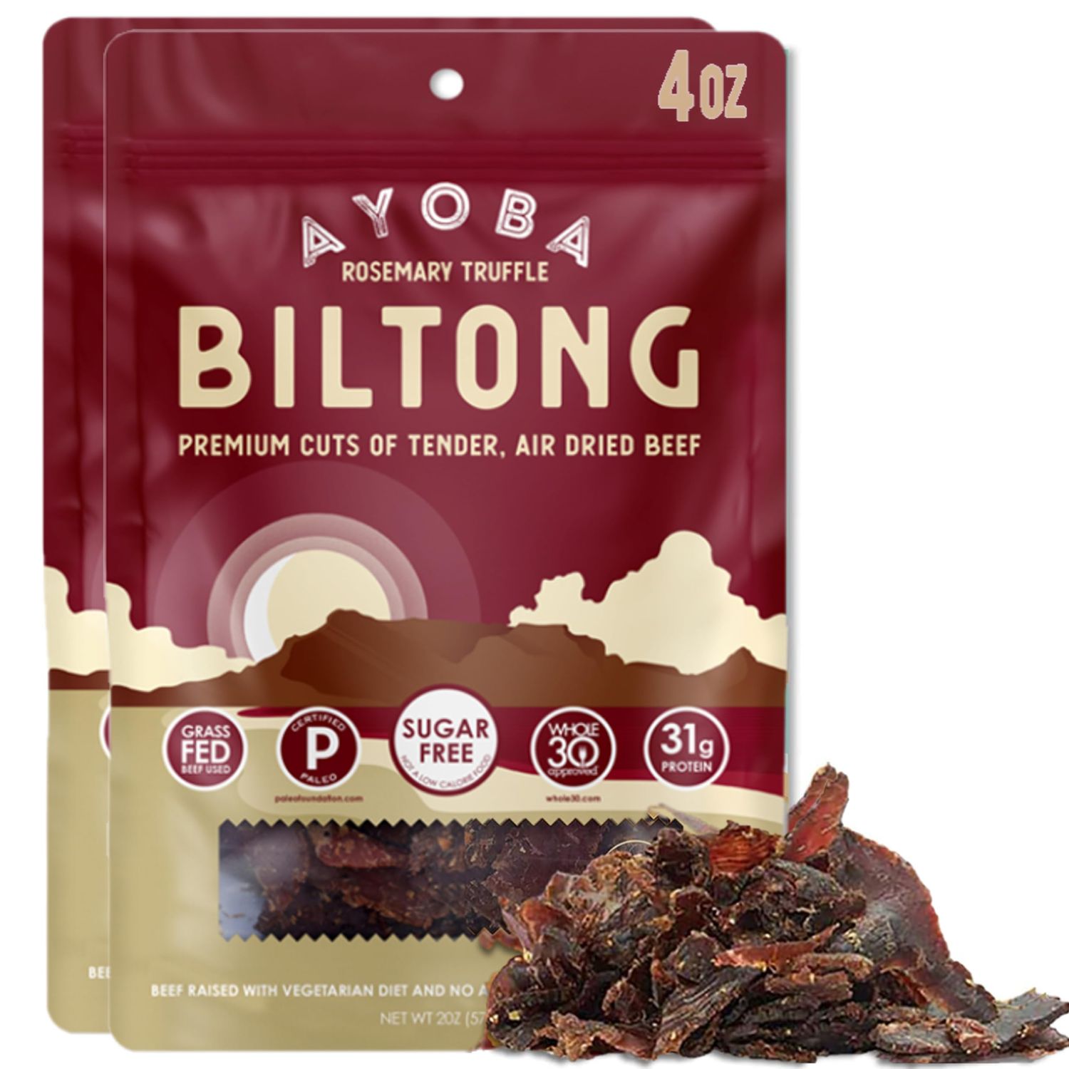 Ayoba Rosemary Truffle Grass Fed Beef Biltong Slices (2 Ounce, Pack of 2) - Keto Friendly Air-Dried Grass Fed Beef Paleo Snacks - Gluten Free, Whole 30 Approved, Sugar free, No Carb Meat Snacks
