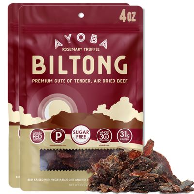 Ayoba Rosemary Truffle Grass Fed Beef Biltong Slices (2 Ounce, Pack of 2) - Keto Friendly Air-Dried Grass Fed Beef Paleo Snacks - Gluten Free, Whole 30 Approved, Sugar free, No Carb Meat Snacks