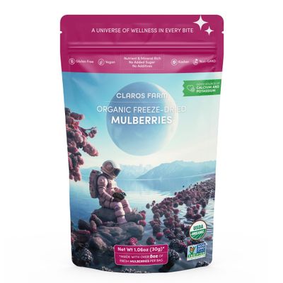 Claros Farm Organic Freeze Dried Mulberries (30g Pack) - Freeze Dried Fruit Packets - Healthy Freeze Dried Food - Vegan, Gluten-Free Organic Dried Fruit - Crunchy &amp; Healthy Snack Pac