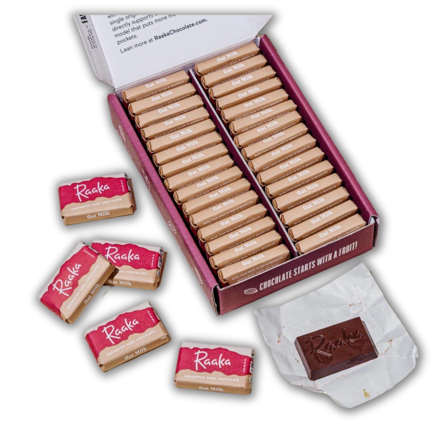 Raaka Oat Milk Chocolate Gift Box  58% Cacao Vegan Milk Chocolate  Organic, Vegan, Gluten Free  Box of 30 Individually Wrapped Chocolates