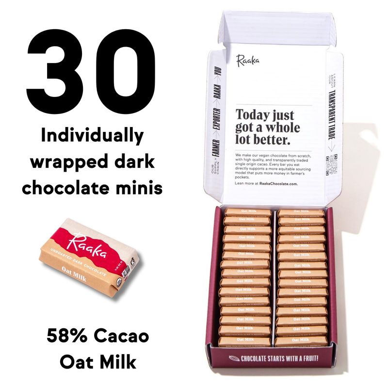 Raaka Oat Milk Chocolate Gift Box  58% Cacao Vegan Milk Chocolate  Organic, Vegan, Gluten Free  Box of 30 Individually Wrapped Chocolates